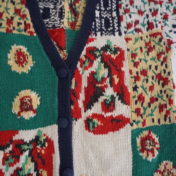 VTG Eagle’s Eye Patchwork Knit Cardigan 55% Ramie 45% Cotton Eclectic Grandpa M - Picture 6 of 9
